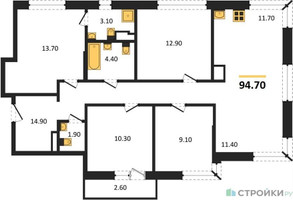 Планировка 4+ комнатной(квартира) площадью 94.7 квадратных метров в “ЖК Родные кварталы”