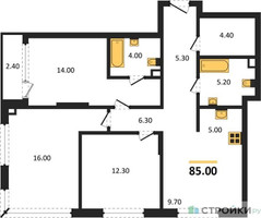 Планировка трехкомнатной(квартира) площадью 85 квадратных метров в “ЖК АЛИА”