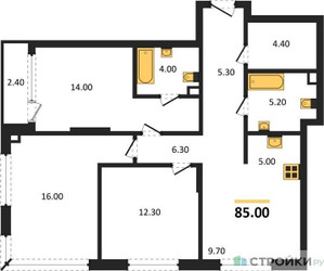 Планировка трехкомнатной(квартира) площадью 85 квадратных метров в ЖК “ЖК АЛИА”