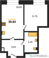 Планировка однокомнатной(квартира) площадью 39.83 квадратных метров в “ЖК Сезар Сити”