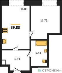 Планировка однокомнатной(квартира) площадью 39.83 квадратных метров в ЖК “ЖК Сезар Сити”