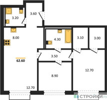 Планировка двухкомнатной(квартира) площадью 62.6 квадратных метров в “ЖК Равновесие”