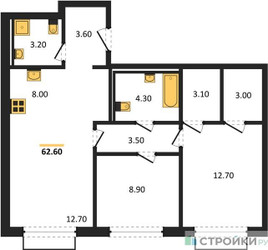 Планировка двухкомнатной(квартира) площадью 62.6 квадратных метров в ЖК “ЖК Равновесие”