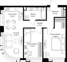 Планировка двухкомнатной(квартира) площадью 64.15 квадратных метров в “ЖК Веер”