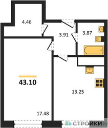 Планировка однокомнатной(квартира) площадью 43.1 квадратных метров в ЖК “ЖК Self (Селф)”