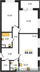 Планировка двухкомнатной(квартира) площадью 69.64 квадратных метров в ЖК “ЖК Одинград. Квартал Семейный”