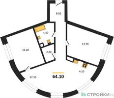 Планировка двухкомнатной(квартира) площадью 64.1 квадратных метров в “ЖК Родина Переделкино”