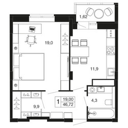 Планировка однокомнатной(квартира) площадью 46.7 квадратных метров в ЖК “ЖК Времена года”