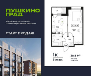 Планировка однокомнатной(квартира) площадью 38.8 квадратных метров в ЖК “ЖК Пушкино Град”