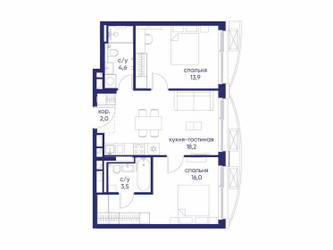 Планировка двухкомнатной(квартира) площадью 58.22 квадратных метров в ЖК “ЖК Остров”