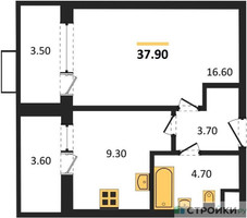 Планировка однокомнатной(квартира) площадью 37.9 квадратных метров в “ЖК Римский”