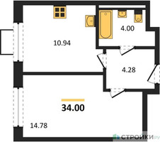 Планировка однокомнатной(квартира) площадью 34 квадратных метров в “ЖК Квартал Западный”