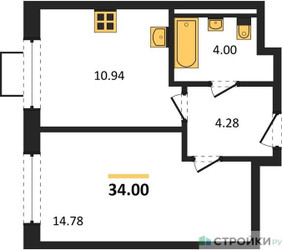 Планировка однокомнатной(квартира) площадью 34 квадратных метров в ЖК “ЖК Квартал Западный”