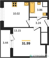 Планировка однокомнатной(квартира) площадью 31.99 квадратных метров в “Жилые кварталы Новое Пушкино”