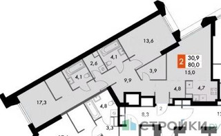 Планировка двухкомнатной(квартира) площадью 80 квадратных метров в “ЖК Архитектор”