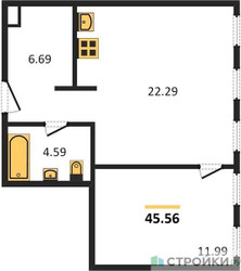 Планировка однокомнатной(апартаменты) площадью 45.56 квадратных метров в ЖК “ЖК Insider (Инсайдер)”
