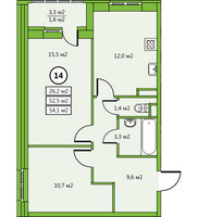 Планировка двухкомнатной(квартира) площадью 54.1 квадратных метров в “ЖК Дом у озера”