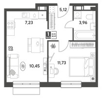 Планировка однокомнатной(квартира) площадью 38.49 квадратных метров в “ЖК Публицист”