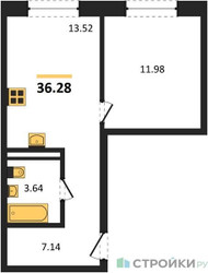 Планировка однокомнатной(квартира) площадью 36.28 квадратных метров в ЖК “ЖК ЭкоБунино (Южное Бунино)”