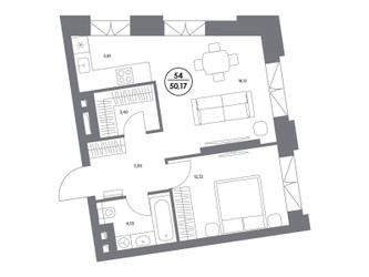 Планировка однокомнатной(квартира) площадью 50.1 квадратных метров в ЖК “ЖК Клубный дом КОСМО 4/22”