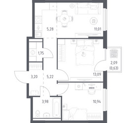 Планировка двухкомнатной(квартира) площадью 55.1 квадратных метров в ЖК “ЖК Горки Парк”