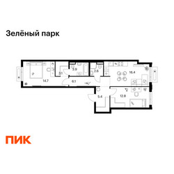 Планировка двухкомнатной(квартира) площадью 65 квадратных метров в ЖК “ЖК Зеленый парк”