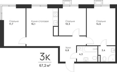 Планировка трехкомнатной(квартира) площадью 67.2 квадратных метров в ЖК “ЖК Форевиль”
