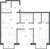 Планировка трехкомнатной(квартира) площадью 63.2 квадратных метров в “ЖК Равновесие”
