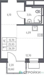 Планировка студии(квартира) площадью 26.59 квадратных метров в ЖК “ЖК Богдановский Лес”