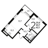 Планировка двухкомнатной(квартира) площадью 42.1 квадратных метров в “Новые Ватутинки. Заречный”