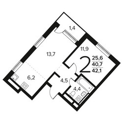 Планировка двухкомнатной(квартира) площадью 42.1 квадратных метров в ЖК “Новые Ватутинки. Заречный”