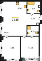 Планировка двухкомнатной(квартира) площадью 71.5 квадратных метров в “ЖК АУРА”