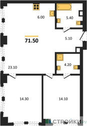 Планировка двухкомнатной(квартира) площадью 71.5 квадратных метров в ЖК “ЖК АУРА”