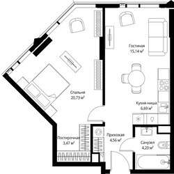 Планировка однокомнатной(квартира) площадью 54.79 квадратных метров в ЖК “ЖК Джойс”