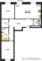Планировка двухкомнатной(квартира) площадью 69 квадратных метров в “ЖК ЭкоБунино (Южное Бунино)”