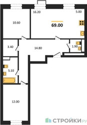 Планировка двухкомнатной(квартира) площадью 69 квадратных метров в ЖК “ЖК ЭкоБунино (Южное Бунино)”