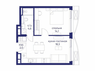 Планировка однокомнатной(квартира) площадью 39.02 квадратных метров в ЖК “ЖК Остров”