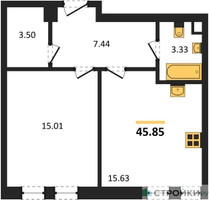 Планировка однокомнатной(квартира) площадью 45.85 квадратных метров в “ЖК Sezar City (Сезар Сити)”