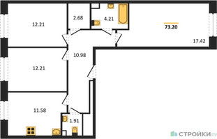 Планировка трехкомнатной(квартира) площадью 73.2 квадратных метров в “Жилые кварталы Новое Пушкино”