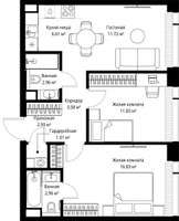 Планировка двухкомнатной(квартира) площадью 60.43 квадратных метров в “ЖК Веер”