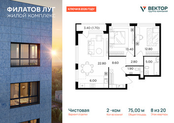 Планировка двухкомнатной(квартира) площадью 75 квадратных метров в ЖК “Квартал Филатов луг”