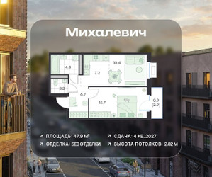 Планировка двухкомнатной(квартира) площадью 47.9 квадратных метров в ЖК “ЖК Михалевич”