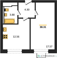 Планировка однокомнатной(квартира) площадью 38.31 квадратных метров в “ЖК Прибрежный Парк”