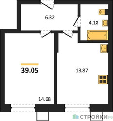 Планировка однокомнатной(квартира) площадью 39.05 квадратных метров в ЖК “ЖК Бархат”