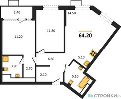 Планировка двухкомнатной(квартира) площадью 64.2 квадратных метров в “ЖК Дом на Зорге”