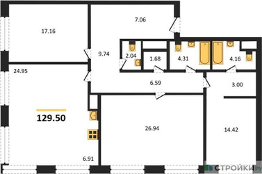 Планировка трехкомнатной(квартира) площадью 129.5 квадратных метров в ЖК “ЖК Собрание клубных домов West Garden (Вест Гарден)”