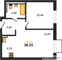 Планировка однокомнатной(квартира) площадью 38.25 квадратных метров в “ЖК Мытищи Парк”