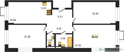 Планировка трехкомнатной(квартира) площадью 80.62 квадратных метров в ЖК “ЖК Молжаниново”
