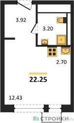 Планировка студии(квартира) площадью 22.25 квадратных метров в ЖК “Квартал Ивакино”