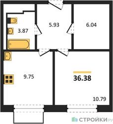 Планировка однокомнатной(квартира) площадью 36.38 квадратных метров в ЖК “ЖК Новое Внуково”
